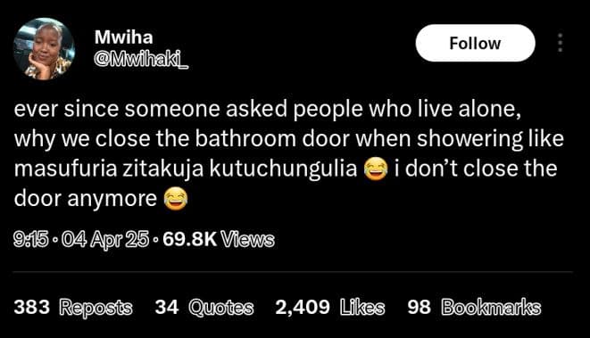 Mwiha mwfhaki_ follow ever since someone asked people who live alone, why we clo