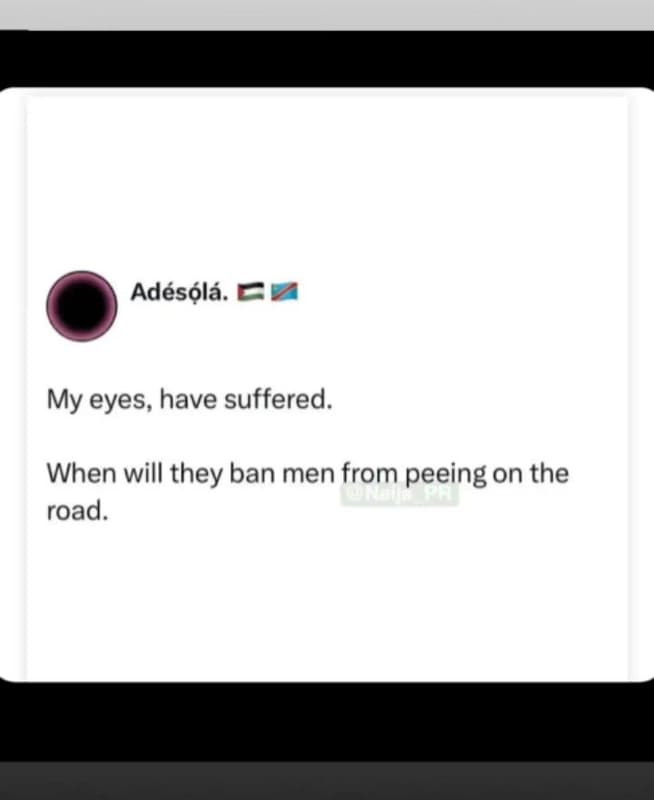 Adésólá. my eyes, have suffered. when will they ban men from peeing on the road.