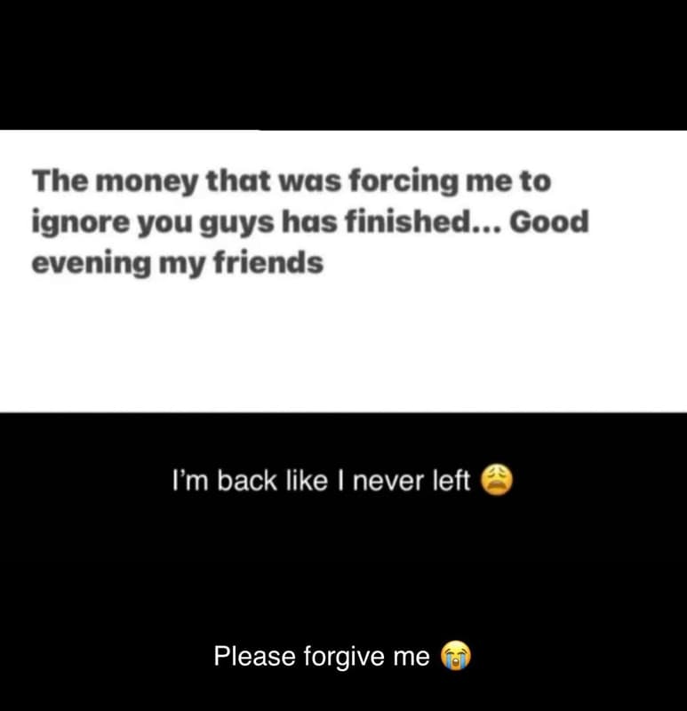 The money that was forcing me to ignore you guys has finished.. good evening my